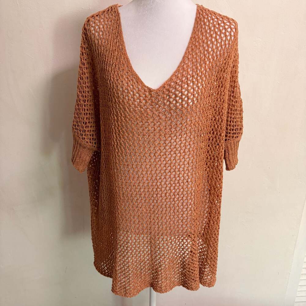 Aeuasani Oversized Flowy Relaxed Fit Orange Crochet Tunic Cover Up Boho L